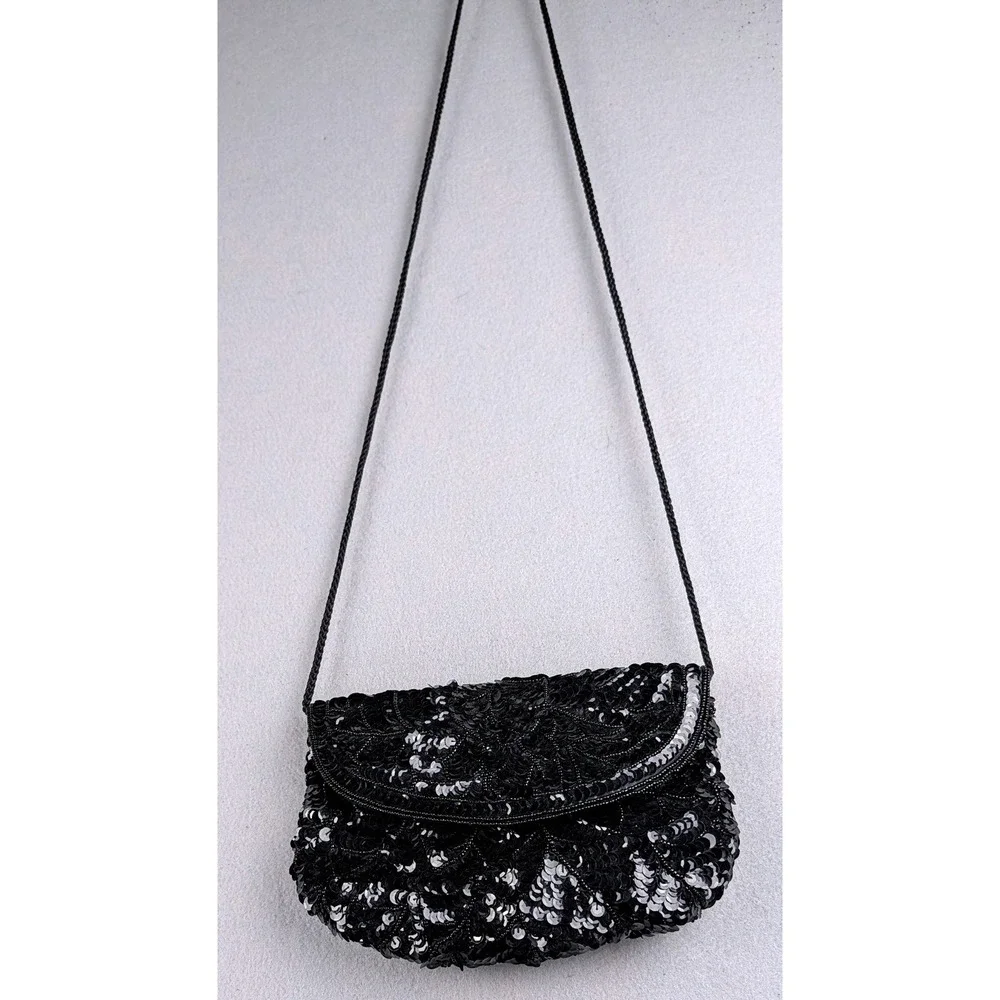 Vintage Black Silver Sequin Beaded Evening Clutch Crossbody Bag Formal Party